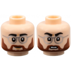 Minifigure, Head Dual Sided Black Eyebrows, Silver Glasses, Reddish Brown Moustache and Full Beard, Dimples, Slight Lopsided Grin / Open Mouth Scowl with Teeth Pattern: {светло нуга}