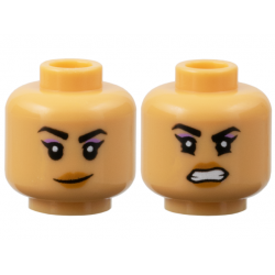 Minifigure, Head Dual Sided Female Black Eyebrows, Medium Lavender Eye Shadow, Medium Nougat Lips, Crooked Smile / Open Mouth Scowl with Teeth Pattern: {умерен тан}