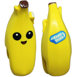 Minifigure, Head, Modified Peeled Banana with Face, Black Eyes, Open Mouth, Reddish Brown Top and 'NANA NANA' Label on Back Pattern: {ярко жълт}