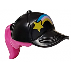 Minifigure, Hair Combo, Hair with Hat, Ponytail with Molded Black Ball Cap and Printed Dark Azure, Bright Pink and Yellow Rainbow and Star Pattern: {ярко пурпурен}