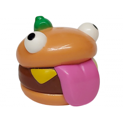 Minifigure, Head, Modified Burger with Molded Reddish Brown Patty, Dark Pink Tongue and White Eyes and Printed Black Pupils, Yellow Cheese Slice and Bright Green Olive Pattern: {нуга}