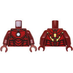 Torso Armor with Metallic Light Blue and White Circle Arc Reactor, Red Panels, Gold Trim on Back Pattern (Iron Man Mark 4) / Dark Red Arms / Dark Red Hands: {нов тъмно червен}