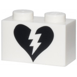 Brick 1 x 2 with Black Split Broken Heart Pattern: {бял}