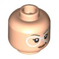 Minifigure, Head Dual Sided Female Dark Tan Eyebrows, White Round Glasses, Nougat Lips and Chin Dimple, Lopsided Grin / Blowing Bright Pink Bubblegum Bubble Pattern: {светло нуга}