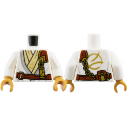 Torso Tunic with Light Bluish Gray Trim, Tan Layer, Reddish Brown Strap, Gold Clasp and Charm with Ninjago Logogram 'WU' Pattern / White Arms / Pearl Gold Hands: {бял}