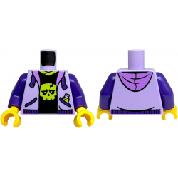 Torso Hoodie Open with Medium Lavender Hood, Dark Purple Drawstrings and Pockets, Black Shirt with Lime Collar and Skull Pattern / Dark Purple Arms / Yellow Hands: {лавандулов}