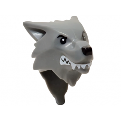 Minifigure, Head, Modified Wolf, Smooth Hair and Brow with Black Nose, Eyes and Eyebrows, White Teeth and Fangs Pattern: {тъмно каменно сив}