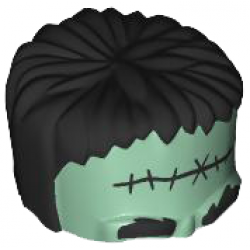 Minifigure, Headgear Head Top, Frankenstein Monster with Black Hair, Bushy Eyebrows and Small Stitches Pattern: {пясъчно зелен}