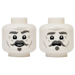 Minifigure, Head Dual Sided Dark Bluish Gray Bushy Eyebrows, Left Raised, Handlebar Moustache and Soul Patch, Light Bluish Gray Wrinkles, Cheek Lines and Forehead Creases, Lower Eyelids, Open Mouth Smile / Worried Expression Pattern: {бял}