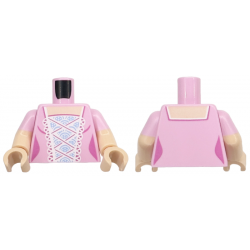 Torso Female Bodice Dress, Light Nougat Neck, White Lace Trim, Bright Light Blue Center Panel with Dark Pink Details Pattern / Light Nougat Arms with Molded Bright Pink Short Sleeves Pattern / Light Nougat Hands: {светло пурпурен}