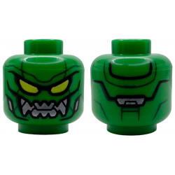 Minifigure, Head Alien with Lime Eyes with Black Outlines, Dark Green Contour Lines, Silver Mechanical Mouth Smile Pattern: {тъмно зелен}