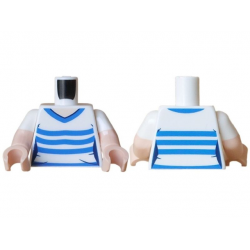 Torso Female T-Shirt, Light Nougat Neck, Blue Collar and Stripes Pattern / Light Nougat Arms with Molded White Short Sleeves / Light Nougat Hands: {бял}