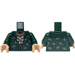 Torso Jacket Open with Buttons, Neck Ruffle with Gold Brooch, Silver Swirls Pattern / Dark Green Arms / Light Nougat Hands: {земно зелен}