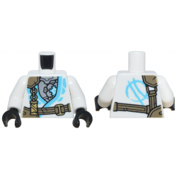 Torso Tunic with Medium Azure Trim, Silver Mechanical Armor, Dark Tan Strap, Gold Clasp and Charm with Ninjago Logogram Letter Z Pattern / White Arms / Black Hands: {бял}