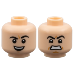 Minifigure, Head Dual Sided Black Eyebrows, Medium Nougat Dimples, Open Mouth Smile with Top Teeth and Raised Eyebrow / Scowl Pattern: {светло нуга}