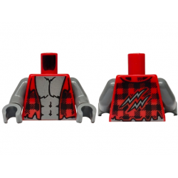 Torso Torn Flannel Shirt Open, Black Plaid, Dark Bluish Gray Bare Chest with Fur and Muscles Outline Pattern / Dark Bluish Gray Arms / Dark Bluish Gray Hands: {ярко червен}