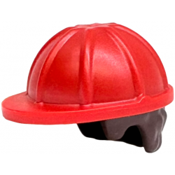 Minifigure, Hair Combo, Hat with Hair, Construction Helmet with Molded Dark Brown Short Curly Hair Pattern: {ярко червен}