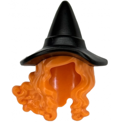 Minifigure, Hair Combo, Hair with Hat, Long Hair with 2 Braids over Shoulders with Molded Black Witch Hat Pattern (BAM): {ярко оранжев}