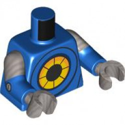 Torso with Black, Bright Light Orange and Yellow Segmented Circle Pattern / Blue Arms with Molded Flat Silver Short Sleeves and Printed Black and Silver Rivets Pattern / Flat Silver Hands: {ярко син}