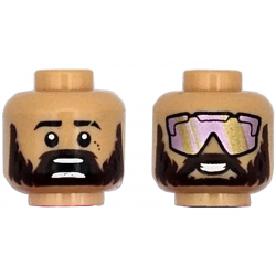 Minifigure, Head Dual Sided Black Eyebrows, Scar, Dark Brown Moustache, Full Beard, Scared Open Mouth with Teeth Parted / Open Mouth Smile, Metallic Pink and Gold Sunglasses Pattern: {умерен тан}
