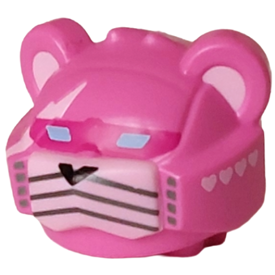 Minifigure, Head, Modified Robot with Ears with Molded Bright Pink Muzzle, Lightning Bolt and Inner Ears and Printed Hearts, Magenta Visor, Bright Light Blue Lenses, Black Nose, Pearl Dark Gray Squares and Whiskers Pattern: {ярко пурпурен}