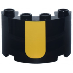 Cylinder Half 2 x 4 x 2 with 1 x 2 Cutout with Yellow Rectangle with Rounded Lower Edge Pattern: {черен}