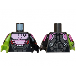Torso Armor with Bright Pink and Silver Breastplate, Black Broken Heart, Dark Pink Shoulders, Red Bullets Pattern / Black Arm Left with Dark Pink Shoulder, Silver Armor Pattern / Lime Arm Right with Dark Pink Shoulder, Silver Armor Pattern / Black Hand Le: {титаниево метален}