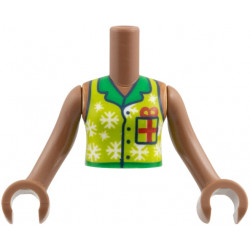 Torso Mini Doll Girl Lime Vest with Buttons, Green Collar, White Snowflakes, Dark Blue Gift, Red Bow Pattern, Medium Brown Arms with Hands: {умерено кафяв}