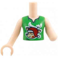 Torso Mini Doll Girl Bright Green Sleeveless Top with Black Buttons, Medium Nougat and Tan Reindeer with Red Santa Hat on White Background Pattern, Light Nougat Arm Left, Light Nougat Arm with Hand Right: {светло нуга}