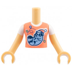 Torso Mini Doll Girl Coral Top with Bright Light Blue Raccoon with Santa Hat over White T-Shirt Pattern, Medium Tan Arms with Hands with White Short Sleeves: {умерен тан}