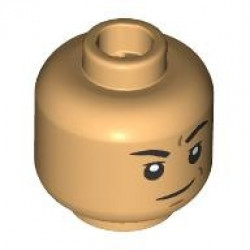 Minifigure, Head Black Eyebrows, One Raised, Dark Orange Creases and Chin Dimple, Closed Mouth Smirk Pattern: {умерен тан}