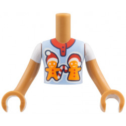 Torso Mini Doll Boy Bright Light Blue Shirt, Red Collar, Black Buttons, Orange Gingerbread Men with Santa Hats Pattern, Medium Nougat Arms with Hands with White Short Sleeves: {умерен нуга}