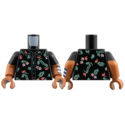 Torso Button Up Shirt with White and Coral Flowers, Sand Green Leaves Pattern / Sienna Arm Left with Molded Black Short Sleeve and Printed Dark Blue and White Cuff Pattern / Sienna Arm Right with Molded Black Short Sleeve Pattern / Sienna Hands: {черен}