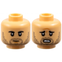 Minifigure, Head Dual Sided Black Eyebrows, Moustache, Stubble, Medium Nougat Chin Dimple, Stern / Worried Open Mouth with Teeth and Forehead Crease Pattern: {умерен тан}
