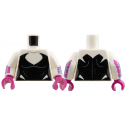 Torso Female Black Bodysuit with Deep V Neck and Dark Blue Dots, Dark Bluish Gray Sides Pattern / White Arms with Medium Azure Webbing on Magenta Background Pattern / Magenta Hands: {бял}