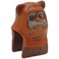 Minifigure, Head, Modified SW Ewok with Molded Dark Orange Hood and Printed Dark Brown Stitching and Wrinkles, Medium Nougat Lips and Nose, Tan Face Fur Pattern: {червеникаво-кафяв}
