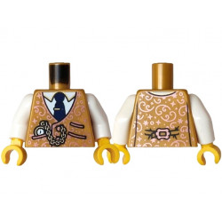 Torso Vest with Black Pockets, Copper Buckle, Curls, Dots and Sparkles, Gold Chain Watch over White Shirt, Dark Blue Tie with Clip Pattern / White Arms / Yellow Hands: {топло златист}