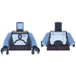 Torso SW Mandalorian Silver Armor Plates, Dark Brown Belt with Rope Edges and Pouches Pattern / Sand Blue Arms / Black Hands: {титаниево метален}