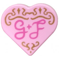 Tile, Round 1 x 1 Heart with Gold Filigree and Dark Pink Script 'G + F' Pattern: {светло пурпурен}