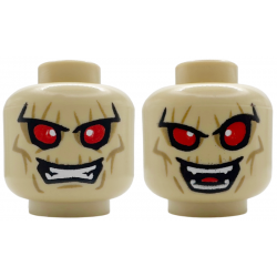 Minifigure, Head Dual Sided Alien with Red Eyes, White Glints, Dark Tan Wrinkles, Clenched Teeth / Open Mouth Grin Pattern: {тухлено жълт}