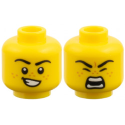 Minifigure, Head Dual Sided, Black Eyebrows, Medium Nougat Freckles, Lopsided Grin with Teeth / Roaring Pattern: {ярко жълт}