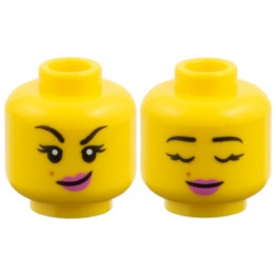 Minifigure, Head Dual Sided, Black Eyebrows, Medium Nougat Mole, Dark Pink Lips, Lopsided Grin / Closed Eyes Pattern: {ярко жълт}