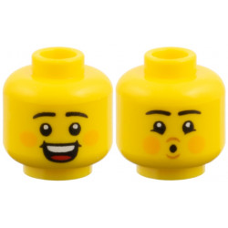 Minifigure, Head Dual Sided, Black Eyebrows, Orange Cheeks, Open Smile / Pucker Pattern: {ярко жълт}