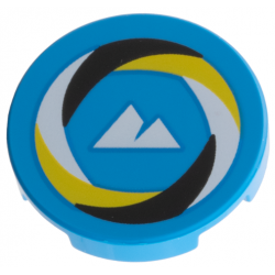Tile, Round 2 x 2 with Bottom Stud Holder with Black, White, and Yellow Swirl Border, White Sport Mountains Logo Pattern: {тъмно небесносин}
