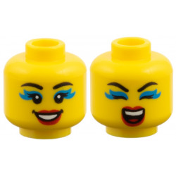 Minifigure, Head Dual Sided Female, Black Eyebrows, Dark Azure Eye Shadow, Red Lips, Smile / Eyes Closed Singing Pattern: {ярко жълт}
