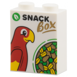 Brick 1 x 2 x 2 with Inside Stud Holder with Green Leaf, Red Parrot, Seeds, Black 'SNACK', Dark Tan 'BOX' Pattern: {бял}