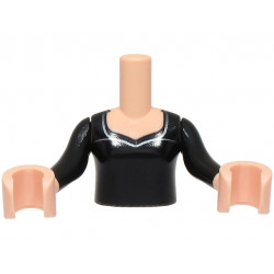 Torso Mini Doll Girl Black Dress Top, Dark Silver Trim Around Neck Pattern, Light Nougat Arms with Hands with Black Long Sleeves: {светло нуга}