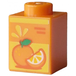 Brick 1 x 1 with Bar, Red Lines, Fruit Slice and Orange with Green Leaf on Yellow Background Pattern (Juice Carton): {ярко оранжев}