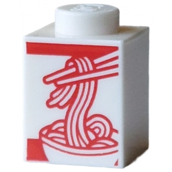 Brick 1 x 1 with Red Chopsticks and Noodles in Bowl Pattern (Noodle Box): {бял}