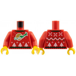 Torso Knit Fair Isle Holiday Sweater, Green Collar and Reindeer Sleigh, Gold Classic Space Moon, White Snowflakes and Christmas Trees Pattern / Red Arms / Yellow Hands: {ярко червен}